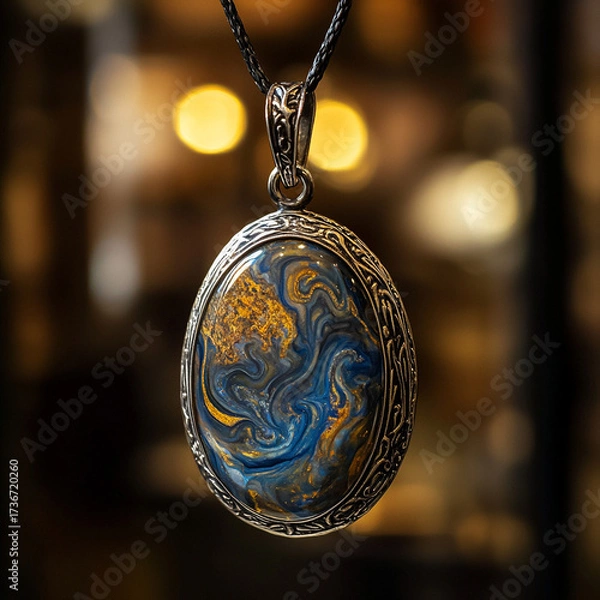 Obraz Colorful pendant with swirling blue and gold design on a chain  