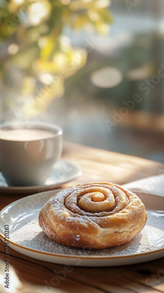 Obraz Cinnamon roll on a plate with coffee cup and flowers in background  