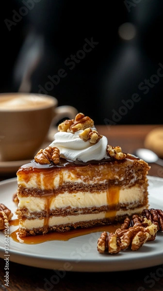 Obraz Slice of caramel cake with nuts and cream on a wooden table  