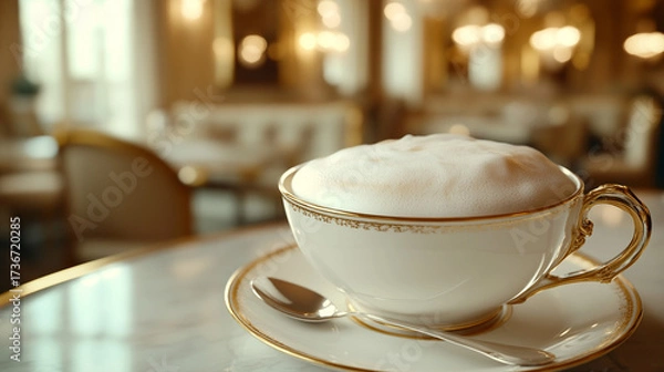 Obraz Close-up of cappuccino in white cup on marble table indoors  