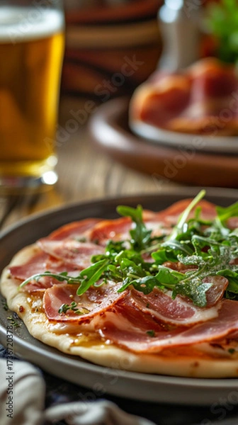 Obraz Fresh pizza topped with ham and arugula served with beer  