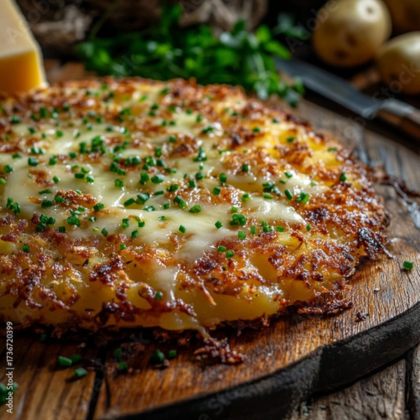 Obraz Crispy cheese potato cake garnished with chives on wooden board  