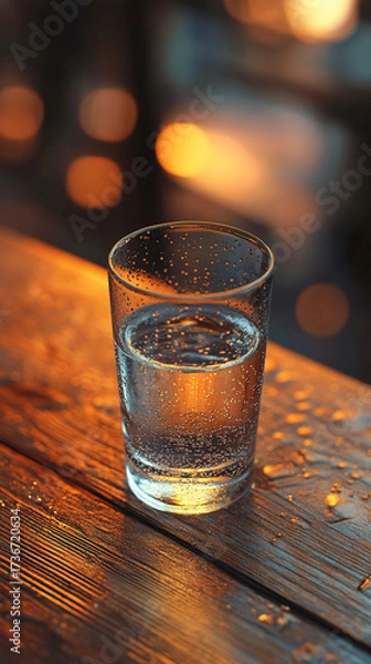 Obraz Clear glass of water with condensation on wooden table  