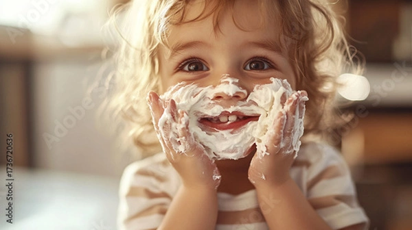 Obraz Toddler playing with cream and smiling in a cozy kitchen  