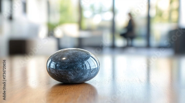 Obraz Smooth blue stone resting on wooden table in modern interior  