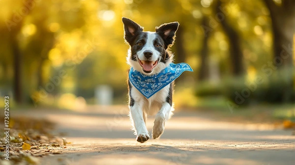 Obraz Happy dog running with blue bandana on autumn path in the park  