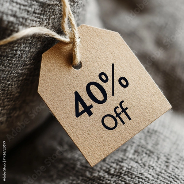 Obraz Discount tag showing 40% off on cozy fabric background  