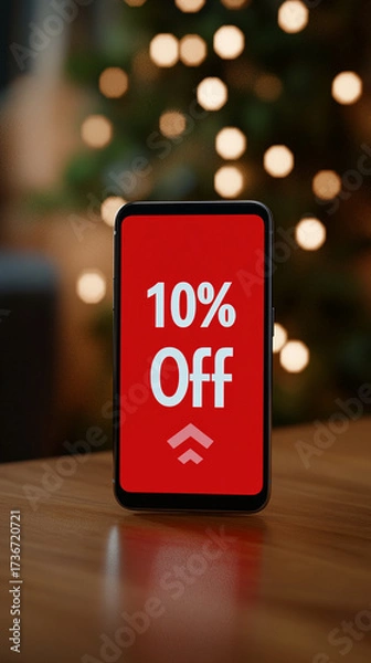 Obraz Smartphone displaying 10% off sale on red background with lights  