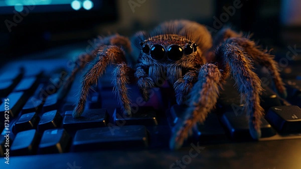 Obraz Spider sitting on computer keyboard in dark room with blue lighting  