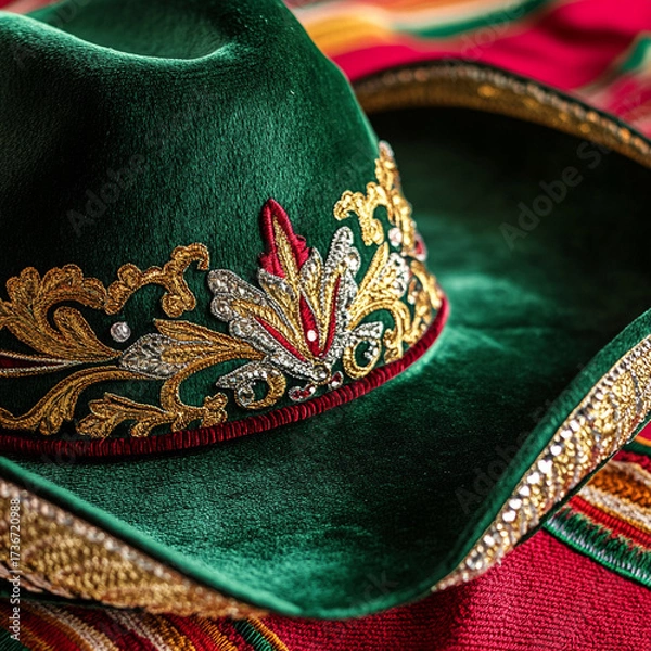 Obraz Traditional green sombrero with intricate embellishments on colorful fabric  