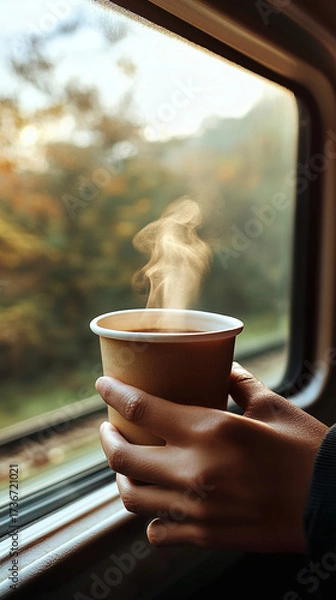 Obraz Person holding steaming coffee cup by train window in autumn  