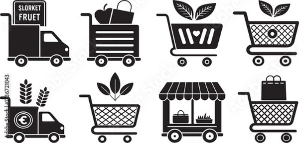 Fototapeta  Supermarket Trolley and Shop Icons Illustration