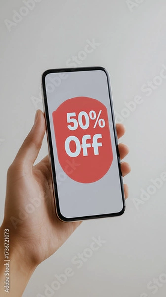 Obraz Hand holding smartphone displaying 50% off sale offer  