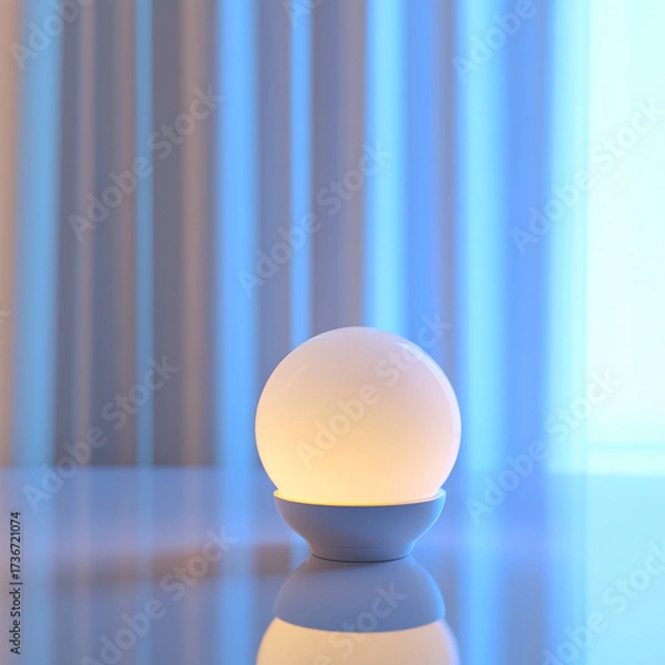 Obraz Modern spherical lamp glowing softly on reflective surface indoors  