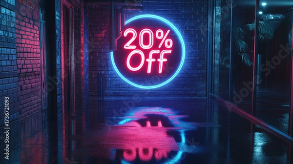 Obraz Neon sign displaying 20% off sale in a modern, reflective hallway  