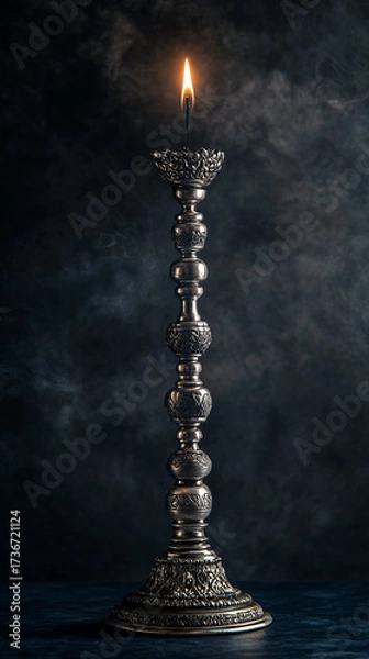 Obraz Elegant silver candlestick with a lit candle against dark background  