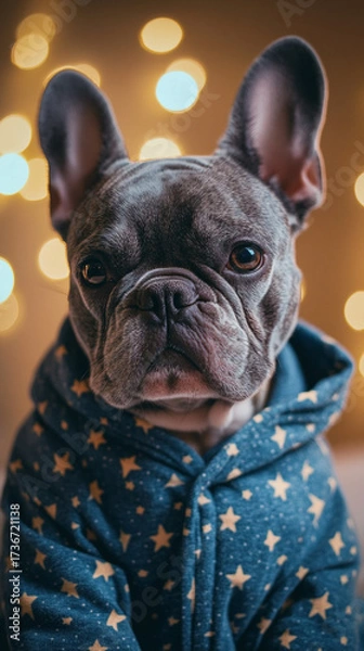 Obraz French Bulldog wearing star-patterned hoodie with warm bokeh background -  
