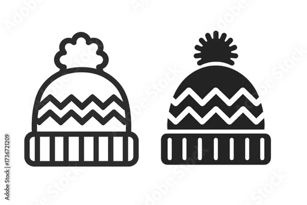 Obraz Two stylish winter hats with pom-poms, showcasing a zigzag pattern for cozy warmth in cold weather