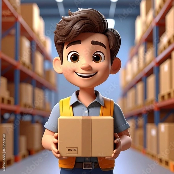 Obraz Cheerful cartoon boy holding a package in a warehouse with shelves of boxes