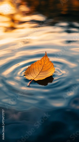 Obraz Autumn leaf floating on water surface at sunset  