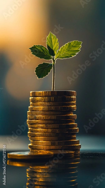 Obraz Green plant growing on a stack of gold coins against blurred background  
