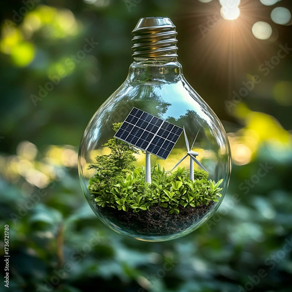 Obraz Eco-friendly light bulb containing solar panels and wind turbine with greenery  