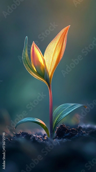 Obraz Green sprout emerging from soil in soft light against blurred background  