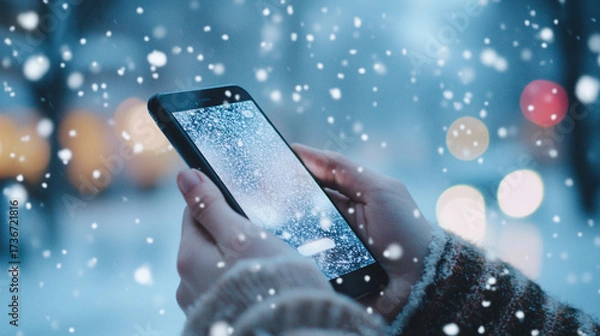 Obraz Person holding smartphone while snowing in winter scenery  