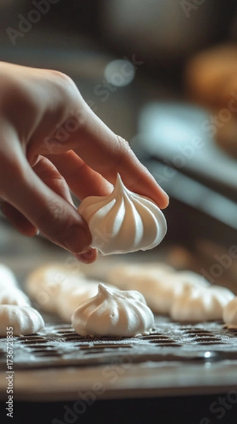 Obraz Person placing meringue cookie on baking tray in kitchen setting  