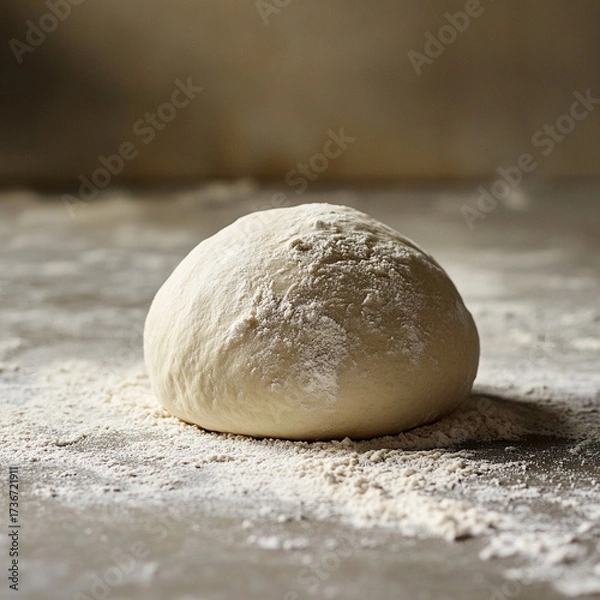 Obraz Fresh dough resting on flour-covered surface in kitchen environment  
