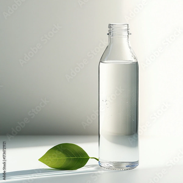 Obraz Clear glass bottle with water and green leaf on white background  