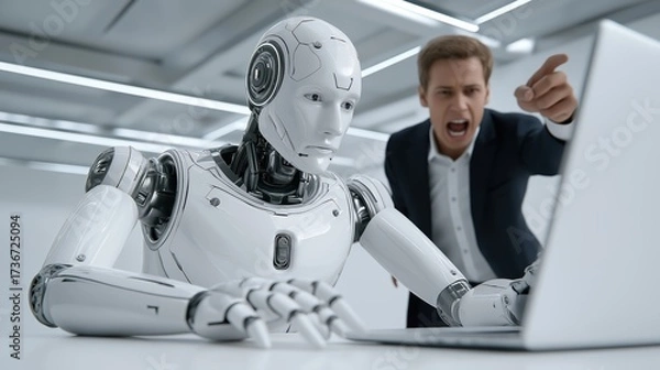 Fototapeta Angry businessman scolding humanoid robot while it works tensely at futuristic desk with glowing laptop, conveying frustration and tension.
