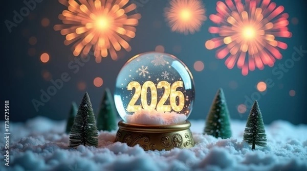 Obraz New year 2026 snow globe with fireworks and christmas trees