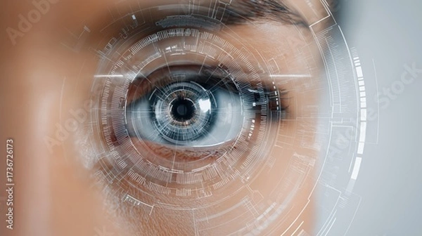 Fototapeta Futuristic woman with cybernetic eye panel integrating advanced technology in her face.