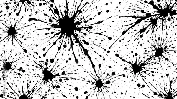 Fototapeta Black and white ink splatters on a plain white background surface with abstract artistic stains forming random expressive texture and design