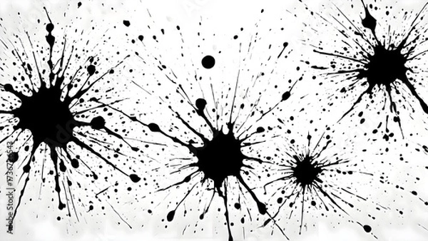 Fototapeta Black ink splatters scattered across a white background surface creating abstract composition with random expressive marks and textured artistic detail