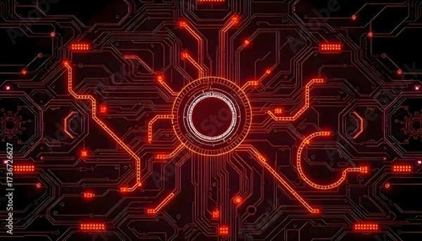 Fototapeta Computer circuit board with red neon light visible highlighting electronic components, digital technology, and complex modern hardware detail