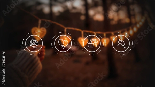Fototapeta Celebration and Special Occasions Concept with Glowing Icons for Fireworks, Balloons, Gifts, and Champagne, a Digital Interface for Planning a Party, Wedding, or Anniversary over a Romantic Background
