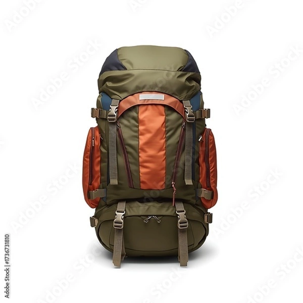 Fototapeta Large orange and green hiking backpack isolated on white background