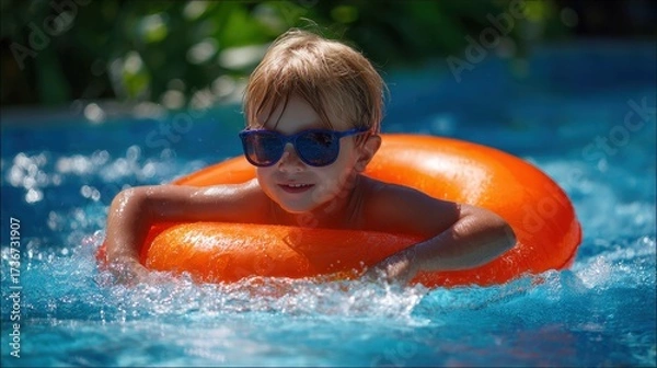 Fototapeta Joyful Child Enjoying Summer Splash Fun with Inflatable Pool Toy in Tropical Blue Water