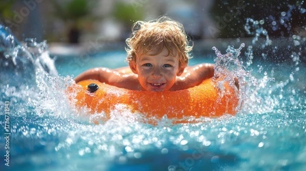 Fototapeta Joyful Children Playing with Inflatable Pool Toy in Tropical Summer Bliss