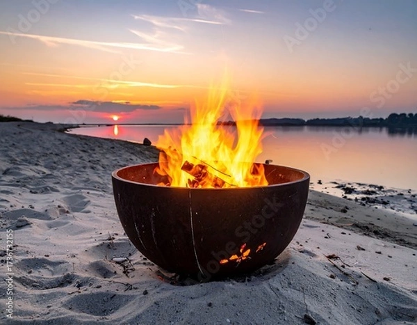 Obraz Burning fire pit on beach at sunset