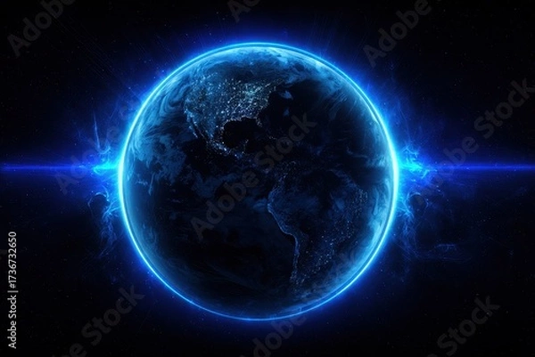 Fototapeta Neon Earth: Abstract Depiction with Blue Planet, Vibrant Plants, and Black Background Illuminated by Sunshine
