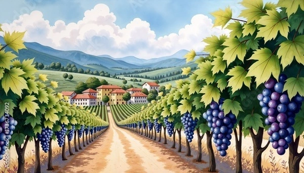 Obraz Vineyard landscape illustration with grape vines and mountains in summer colors, Italian countryside and wine production concept