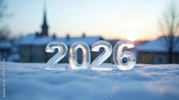 Obraz Ice numbers 2026 in snow with winter sunset and buildings