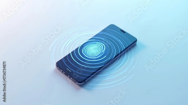 Fototapeta Fingerprint biometric security on smartphone with circular UI on blue background, mobile security, biometric login, digital authentication and data protection concepts