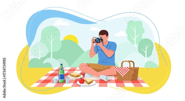 Fototapeta Photographer Capturing Scene During A Picnic With Refreshments And Natural Rural Background