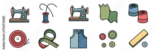 Fototapeta Vector icon sheet of tailor shop with sewing machine, thread, fabric roll, buttons, tape, and chalk in minimal style