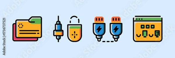 Fototapeta Vector icon sheet for electronics retail with warranty, cable types, charging, and chart icons