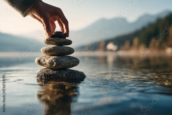 Fototapeta A hand balances stacked stones in shallow water with mountains in the background. The image symbolizes mindfulness, balance, and harmony with nature.